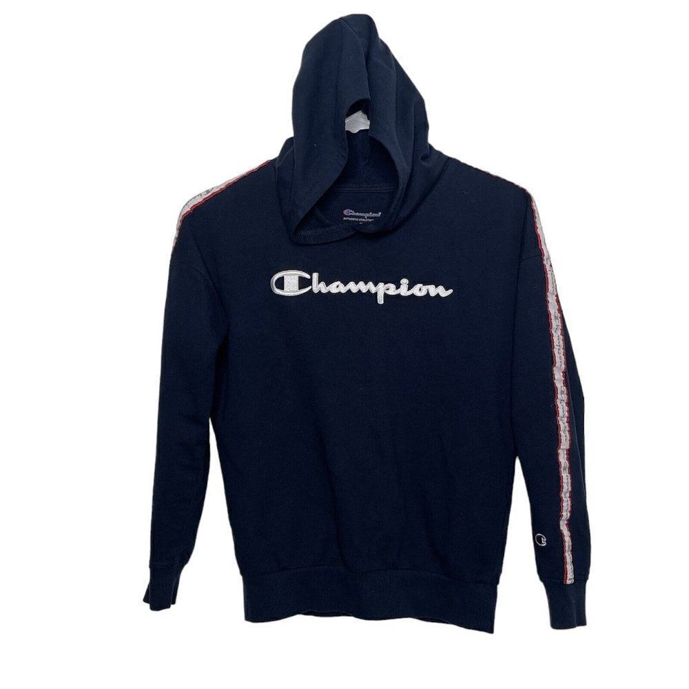 Champion Navy Blue Athletic Pullover Logo girls Long Sleeve Hoodie Size Large